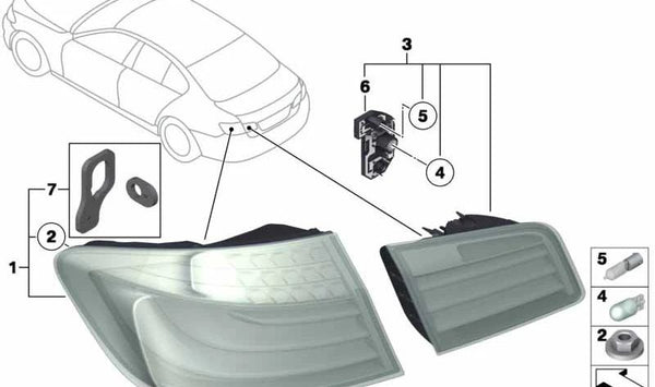 Piloto trasero lateral izquierdo para BMW Serie 5, F10, F18 (OEM 63217203229). Original BMW