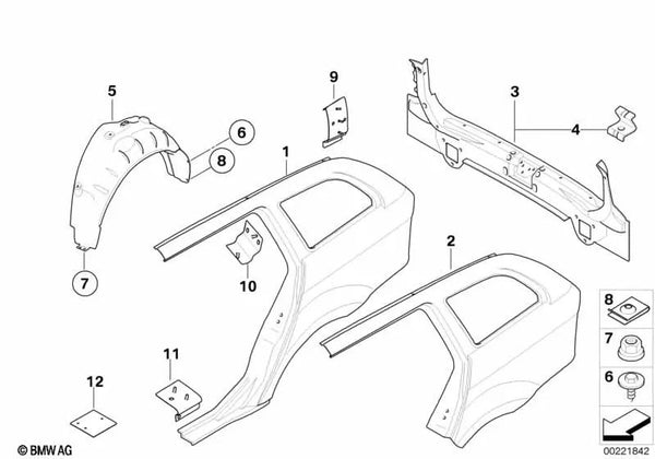 Cubierta del paso de rueda trasero derecho para BMW E91, E91N (OEM 51717143852). Original BMW.