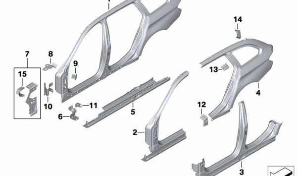 Soporte lateral medio derecho para BMW Serie 5 F10, F11, F18 (OEM 41357240502). Original BMW