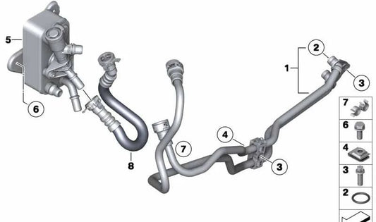 Oil Cooler Pipe for BMW 3 Series E90N, E91N, E92, E92N, E93, E93N, 7 Series F01, F02 (OEM 17228509432). Original BMW.