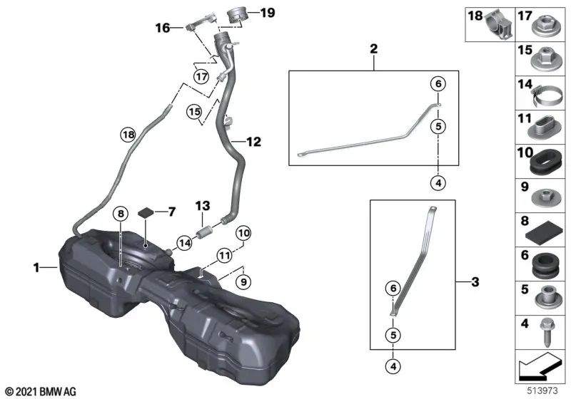 Tanque de Combustible de Plástico para BMW Serie 3 G20, G20N, G21, G21N, Serie 4 G22, G26 (OEM 16119895863). Original BMW.