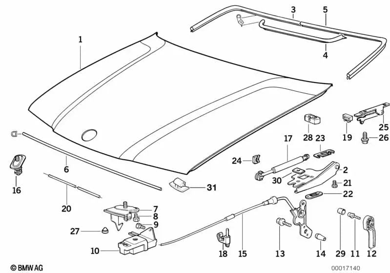 Cerradura de Capó Frontal con Microswitch izquierda para BMW Serie 3 E36 (OEM 51232492971). Original BMW