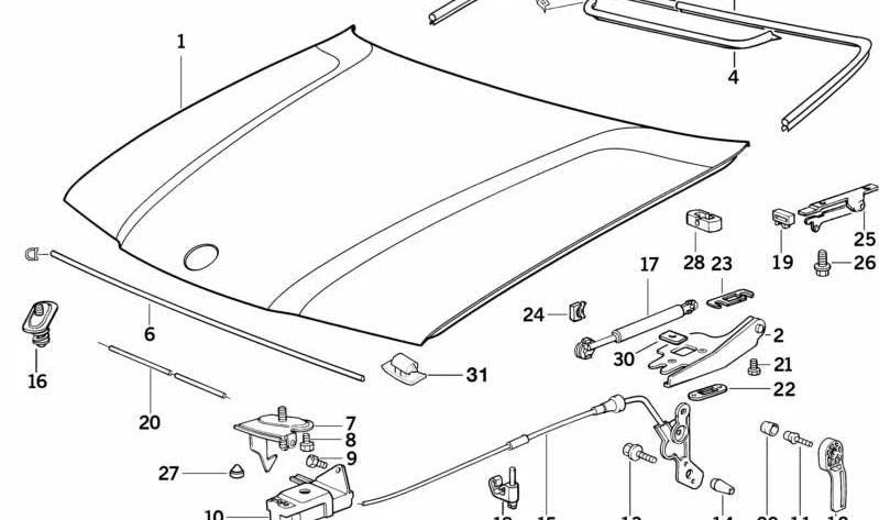 Mando para capó delantero para BMW E36 (OEM 51231977451). Original BMW.