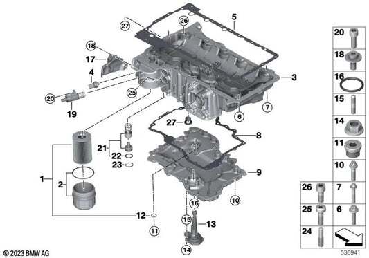 Parte superior del cárter de aceite para BMW F90, F90N, F91, F92, F93, F95, F96 (OEM 11137852270). Original BMW.