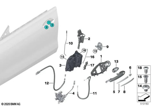 Manilla de puerta pintada exterior izquierda para BMW Serie 5 F90, G30, G31, G38; Serie 6 G32 (OEM 51217443049). Original BMW.