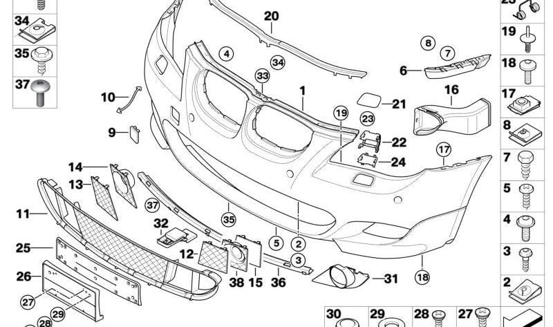 Revestimiento parachoques imprimado delantero para BMW E60N, E61N (OEM 51118044584). Original BMW.