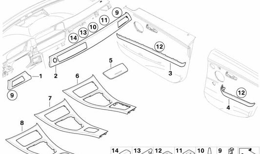 Moldura salpicadero derecha OEM 51456985891 para BMW E90, E91, E92, E93. Original BMW.