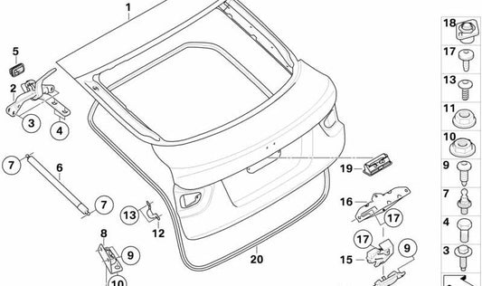 Rear tailgate hinge upper left for BMW E71, E72 (OEM 41007202863). Original BMW