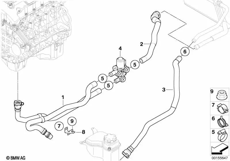 Radiator changeover valve hose for BMW 3 Series E90, E91, E92, E93 (OEM 64126953093). Original BMW.