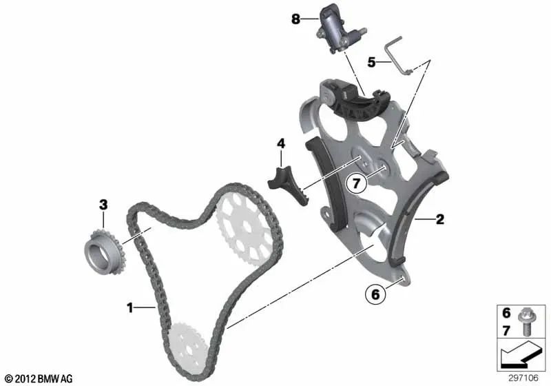 Tensor de cadena para BMW E82, E88, F20, F21, F22, F23, F87, F30, F31, F34, F35, F80, F32, F33, F36, F82, F83, F07, F10, F11, F18, F06, F12, F13, F01N, F02N, E84, F25, F26, E70N, F15, E71, F16 (OEM 11417618943). Original BMW