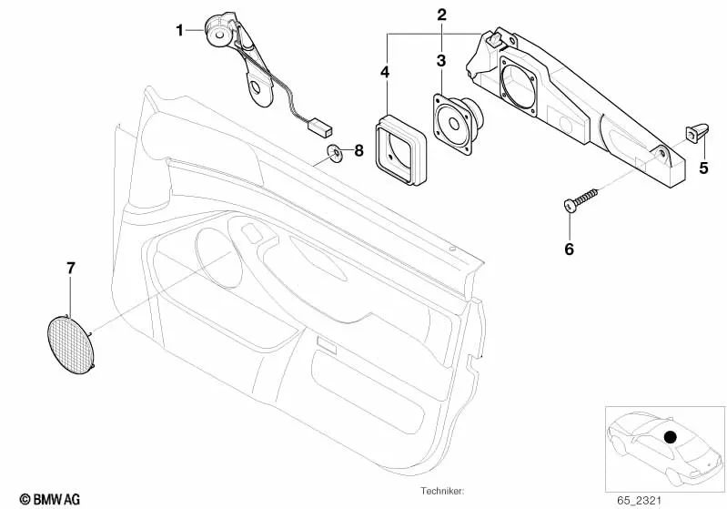 Altavoz de puerta delantero izquierdo para BMW Serie 5 E39 (OEM 65138360775). Original BMW.