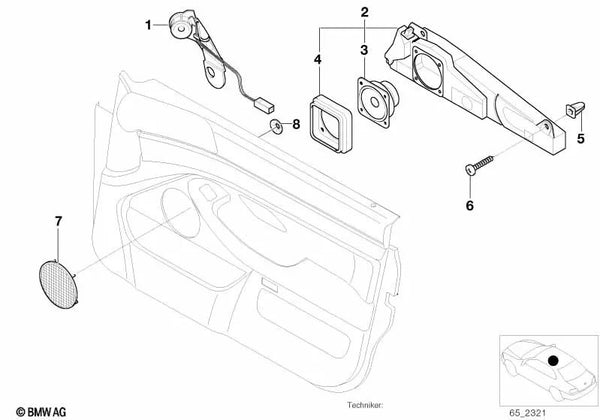 Altavoz de puerta delantero izquierdo para BMW Serie 5 E39 (OEM 65138360775). Original BMW.