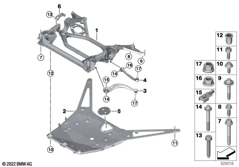 Rechte Gummi -Bären -Träger für die BMW 3 G80 -Serie, G81, 4 G82 -Serie, G83 (OEM 31108095654). Original BMW.