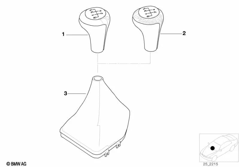 Gear knob Leather/Wooden appliqués/6 speeds/M for BMW Series 5 E39 (OEM 25112228601). Genuine BMW.