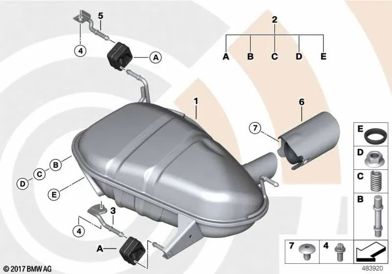 Kit de montaje silenciador trasero para BMW E84 (OEM 18302455259). Original BMW