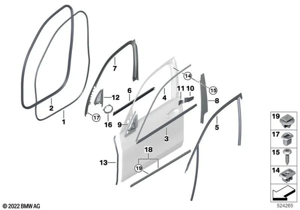 Cubierta del canal exterior puerta delantera izquierda para BMW X5 F95, G05, G05N, G18, G18N Serie X7 G07, G07N (OEM 51337444091). Original BMW.