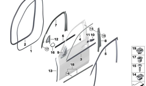 Guía de la Ventana Puerta Delantera Derecha para BMW F95, G05, G07 (OEM 51337428672). Original BMW