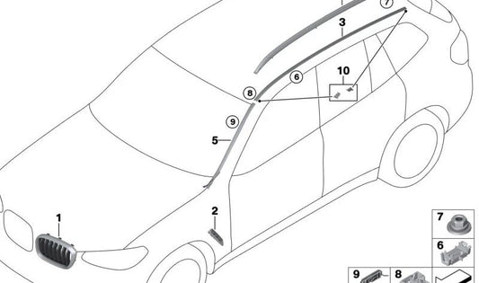 Rejilla decorativa delantera izquierda para BMW X3 G01, X4 G02 (OEM 51137464929). Original BMW