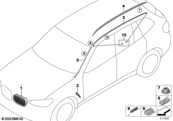 Embellecedor lateral delantero izquierdo para BMW X3 G01, G08, X4 G02 (OEM 51137418607). Original BMW