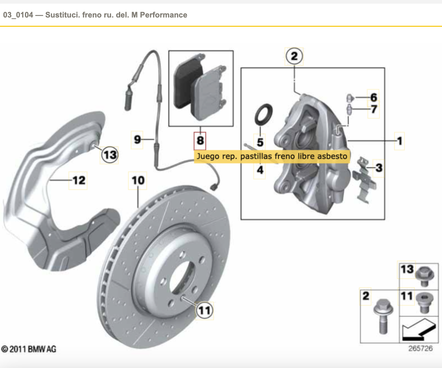 Kit Pastillas de Freno sin Asbesto para BMW F20, F21, F22, F23, F30, F31, F34, F32, F33, F36. . Original BMW