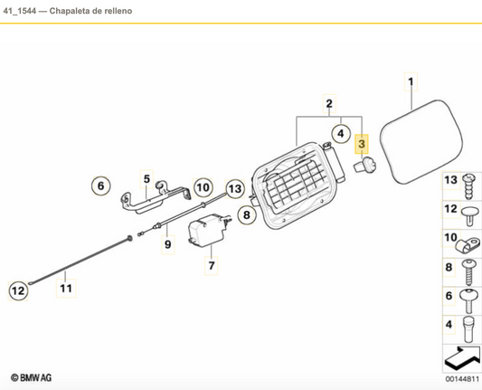 Tope de amortiguador con eyector de la tapa puerta combustible para BMW E82, E88, E46, E90, E91, E92, E93, E60, E61, F10, F11, F18, E63, E64, E65, E66, F01, F02, F04, E83, E70, E71, E72. Original BMW.