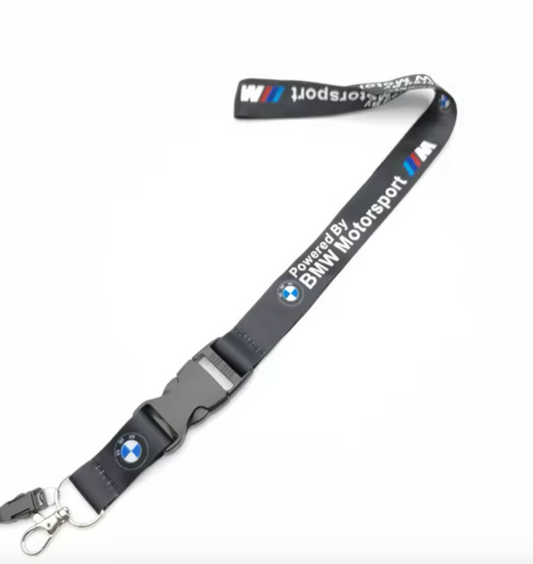 Lanyard BMW Motorsport Keychain com fechamento de segurança e gancho metálico