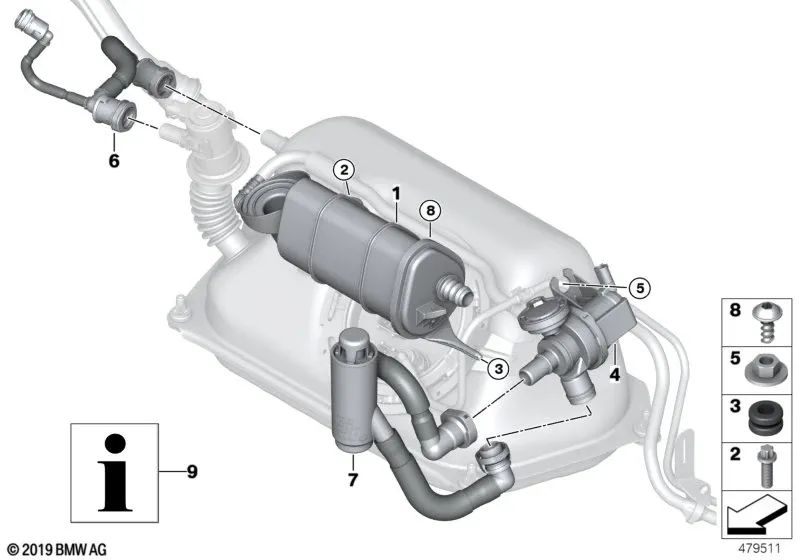 Elemento de goma para BMW I01, I01N, I12, I12N, I15 (OEM 16131183916). Original BMW.