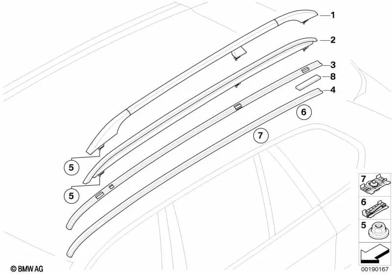 Dachreling derecha para BMW X5 E70, E70N (OEM 51138037832). Original BMW