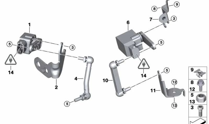 Right height level sensor bracket for BMW 1 Series E81, E82, E87, E88, 3 Series E90, E91, E92, E93, X1 E84 (OEM 37146763734). Original BMW