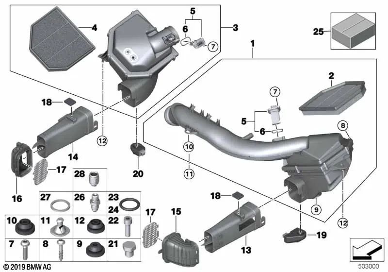 Tubo de admisión delantero para BMW Serie 1 F20, F21; Serie 2 F22, F23; Serie 3 F30, F31, F34, F35, F80; Serie 4 F32, F33, F36, F82, F83 (OEM 13717613156). Original BMW