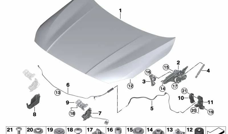 Amortiguador de gas para el capó delantero para BMW F40, F70, F44 (OEM 51237473453). Original BMW.