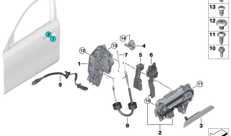 Cerradura de sistema izquierda para BMW Serie 1 F70, Serie 2 U06, Serie 5 G60, G61, G90, X1 U11, X2 U10, X3 G45, MINI U25 (OEM 51215A160B5). Original BMW