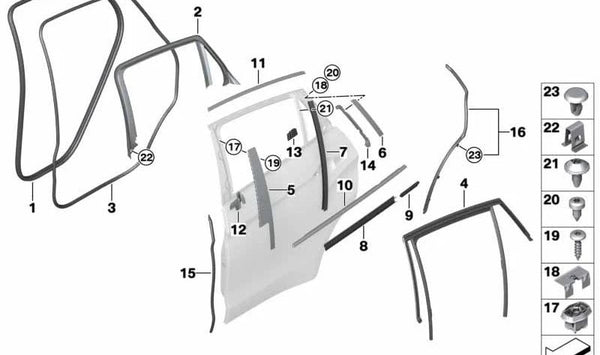 Moldura del marco de la ventana superior puerta trasera derecha para BMW F16 (OEM 51357377890). Original BMW