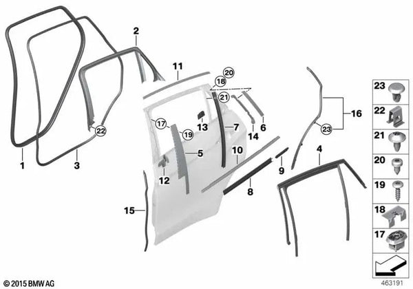 Cubierta de ventana Puerta exterior trasera izquierda para BMW X6 F16, F86 (OEM 51357317839). Original BMW