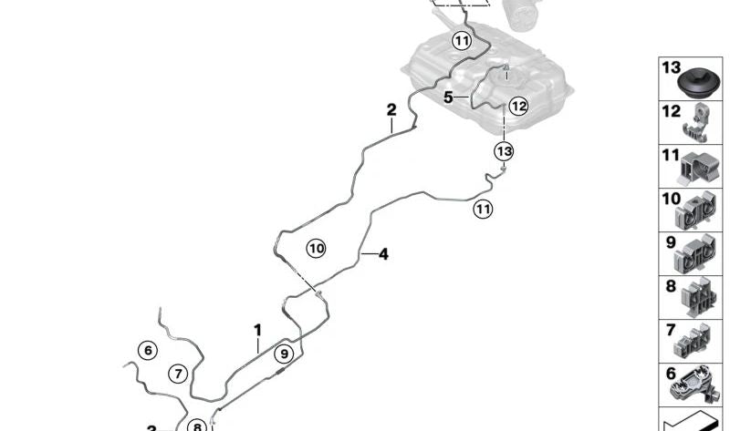 Tubería de alimentación de combustible delantera para BMW X5 F95, G05, X6 F96, G06, X7 G07, XM G09 (OEM 16127439968). Original BMW