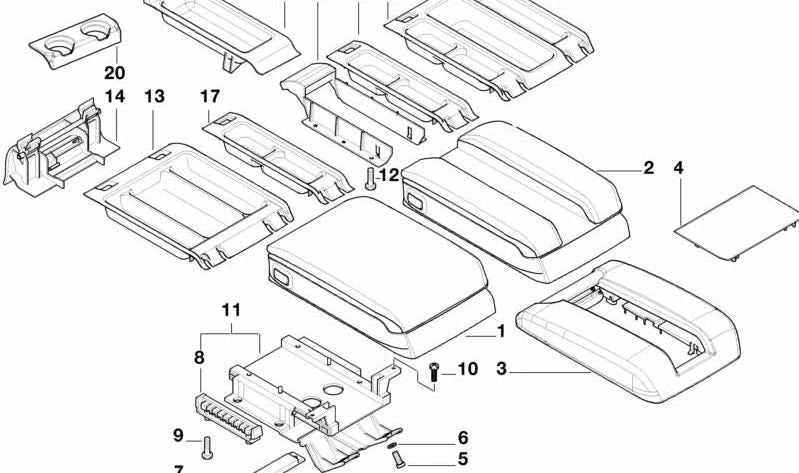 Soporte de caja central para reposabrazos OEM 51168215771 para BMW Serie 7 (E38). Original BMW.