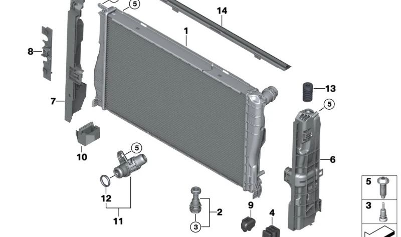 Soporte inferior del radiador para BMW Serie 1 E81, E82, E87, E87N, Serie 3 E90, E91, E92, E93 (OEM 17117524956). Original BMW.