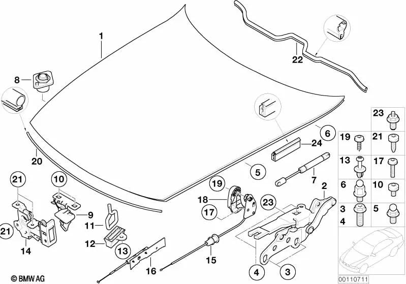 Activación del capó delantero para BMW Z4 E85 (OEM 51237068815). Original BMW