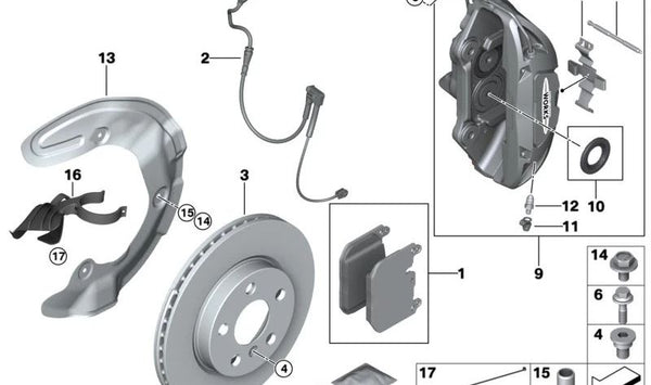 Juego de juntas de pinza de freno para BMW Serie 1 F40, Serie 2 F44, X1 F48N U11, X2 F39 (OEM 34106888634). Original BMW