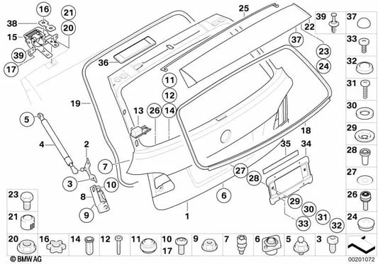 Soporte amortiguador de gas izquierdo para BMW E61, E61N (OEM 51247071595). Original BMW.