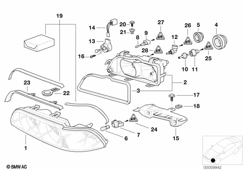 Carcasa de faro con inserto izquierdo para BMW E39 (OEM 63128378005). Original BMW.