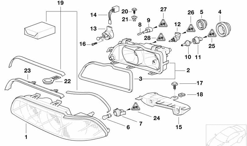 Carcasa del faro con inserto derecho para BMW E39 (OEM 63128378008). Original BMW.