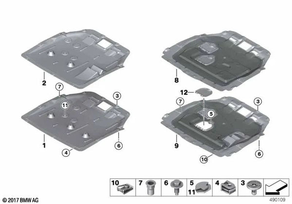 Protector de compartimiento del motor para BMW F45, F46, F48, F39 (OEM 51757357972). Original BMW.