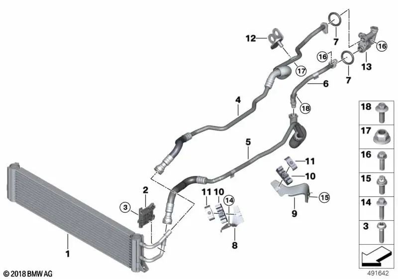 Tubería de refrigeración de aceite de transmisión flujo delantero trasero para BMW G30, G30N, G31N Serie 5, G11N, G12N Serie 7, G14, G15, G16 Serie 8 (OEM 17228689543). Original BMW.