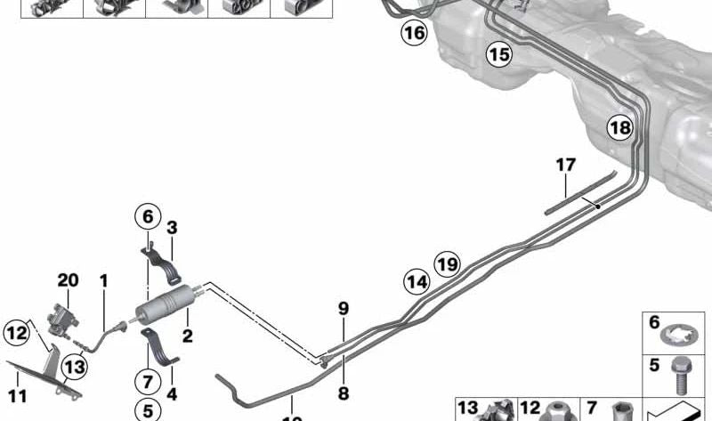 Tubería de suministro de combustible delantera para BMW Serie 1 F20, Serie 2 F22, F23, F87, Serie 3 F30, F31, F34, F35, F80, Serie 4 F32, F33, F36 (OEM 16127271019). Original BMW