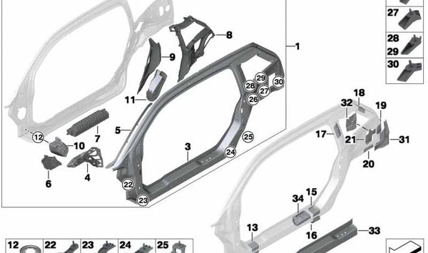 Soporte columna C inferior derecha para BMW i I01, I01N (OEM 41007355390). Original BMW