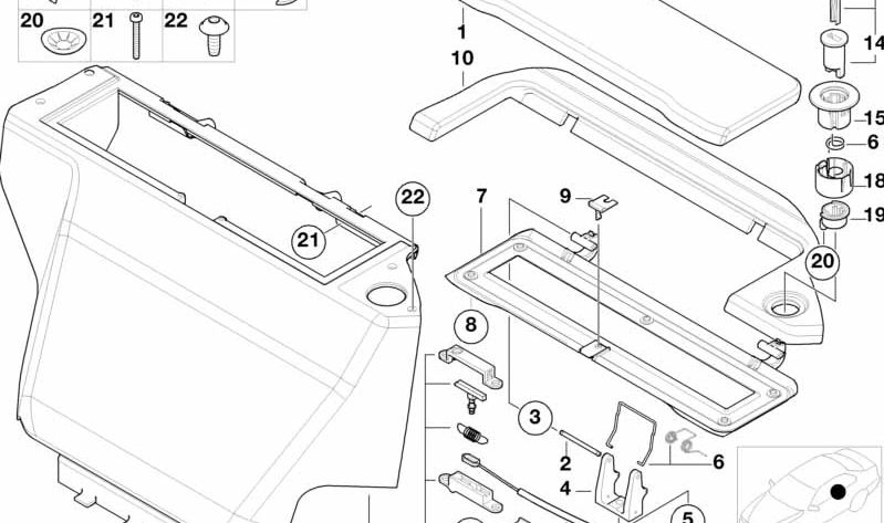 Tapa caja de almacenamiento trasera OEM 51477005164 para BMW E52. Original BMW.