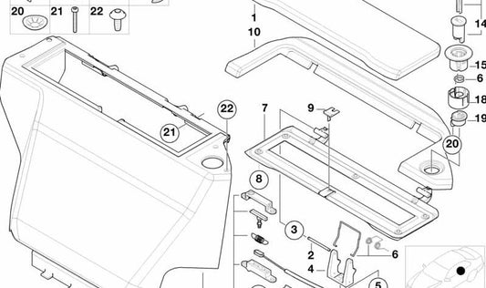 Tapa caja de almacenamiento trasera OEM 51477005164 para BMW E52. Original BMW.