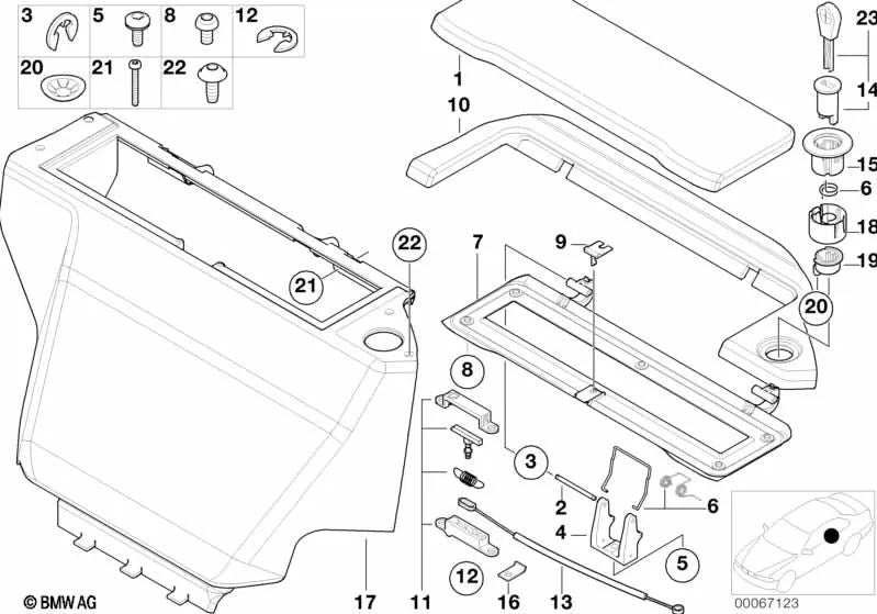 Kit de reparación del pasador de cierre de la caja de almacenamiento para BMW E52 (OEM 51477031350). Original BMW.