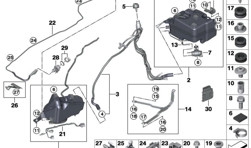 Soporte de fijación de la correa tensora para BMW F22N, F23N, F30, F31, F34N, F32N, F36N (OEM 16197294282). Original BMW